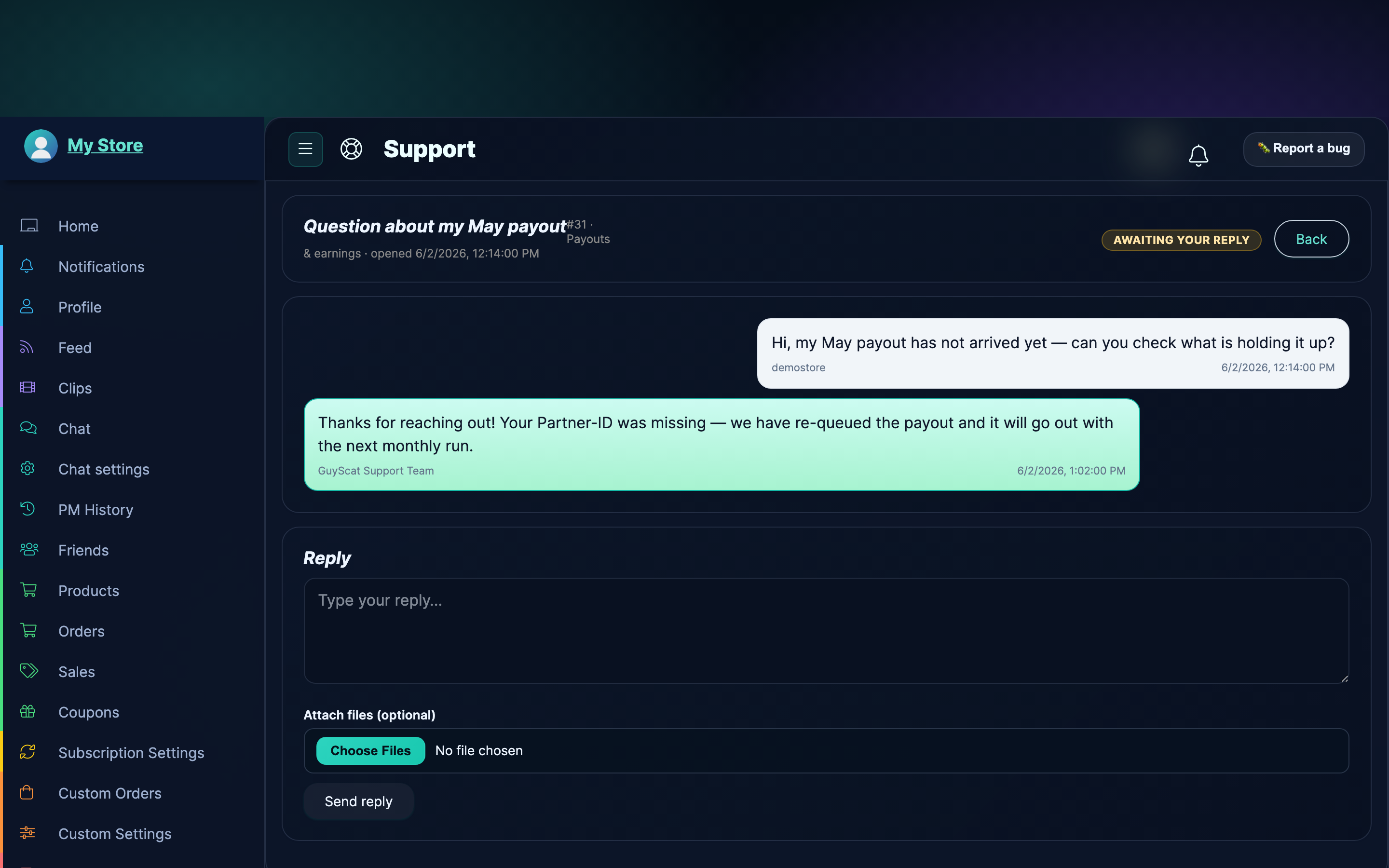 A ticket conversation — replies appear in the thread and you answer with the reply form.