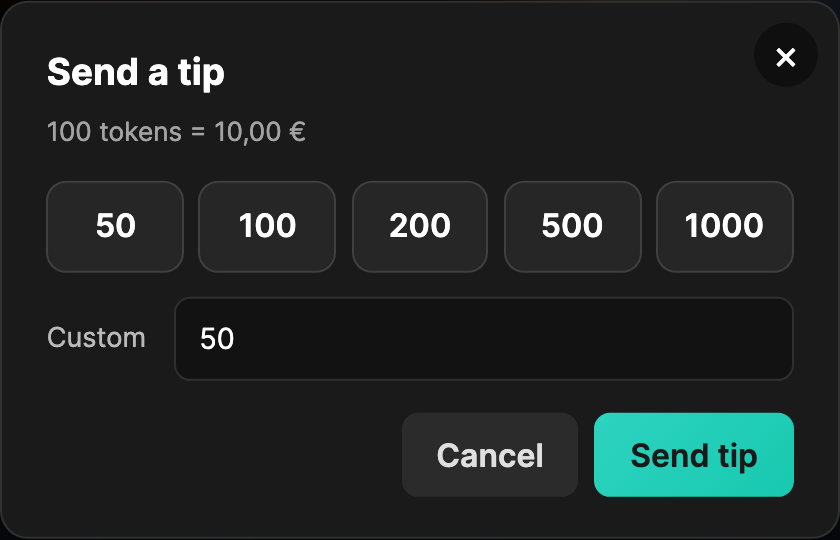 Tip picker — title "Send a tip", the five tier buttons, custom field, Send / Cancel buttons.