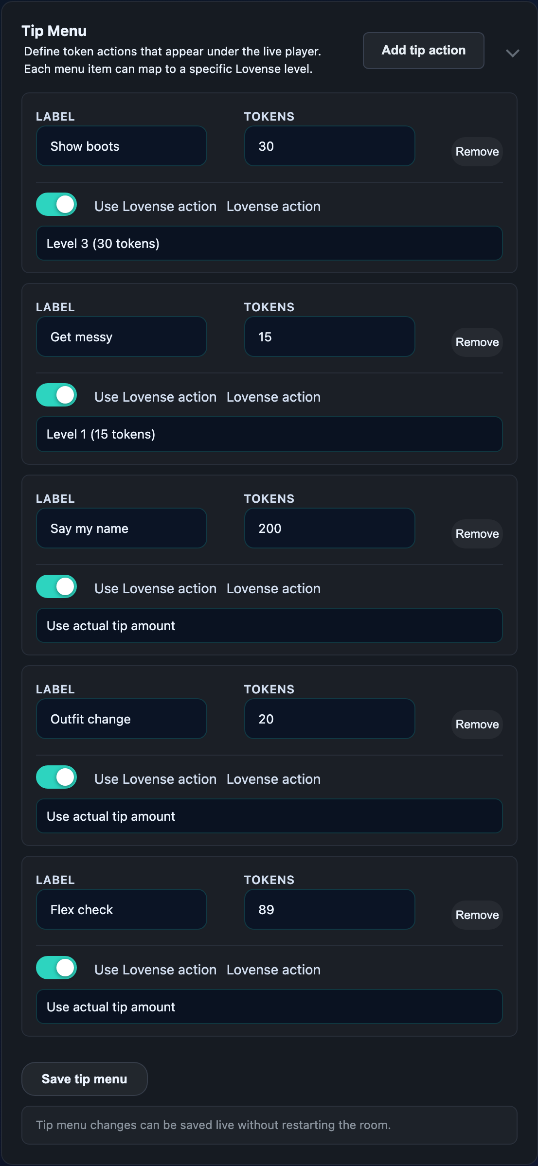 Livestream studio, Settings tab, Tip Menu card with three empty rows visible.