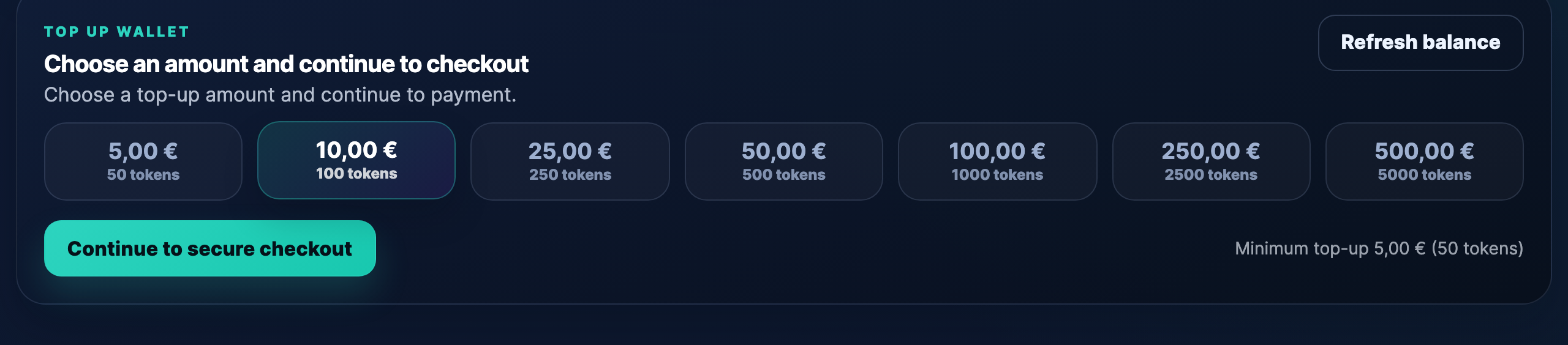 Top-up section with the six preset amount buttons, €10 selected.