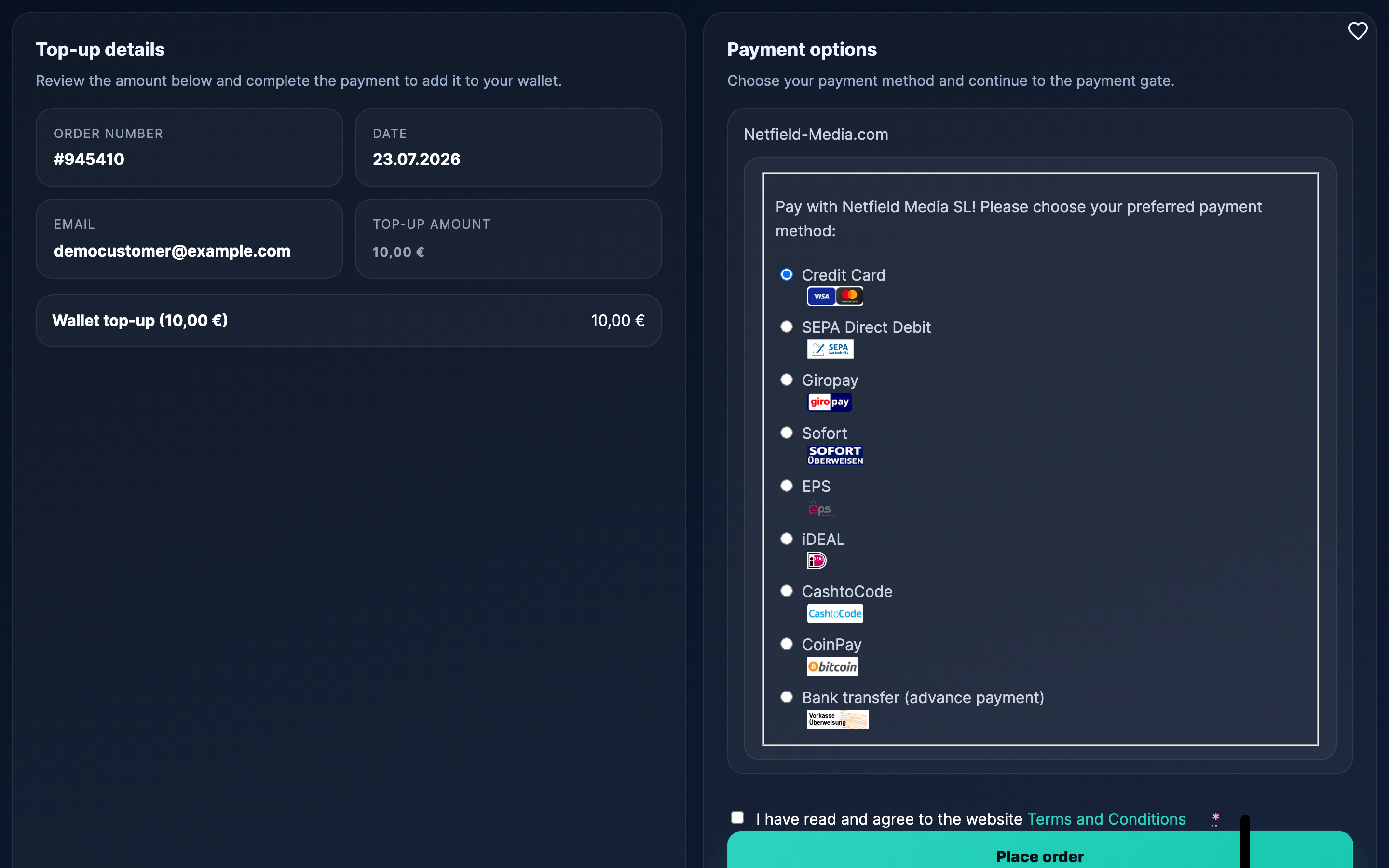 The in-page checkout panel: order summary, your e-mail and the payment section — with "Open in a new tab" and "Close" in the toolbar.