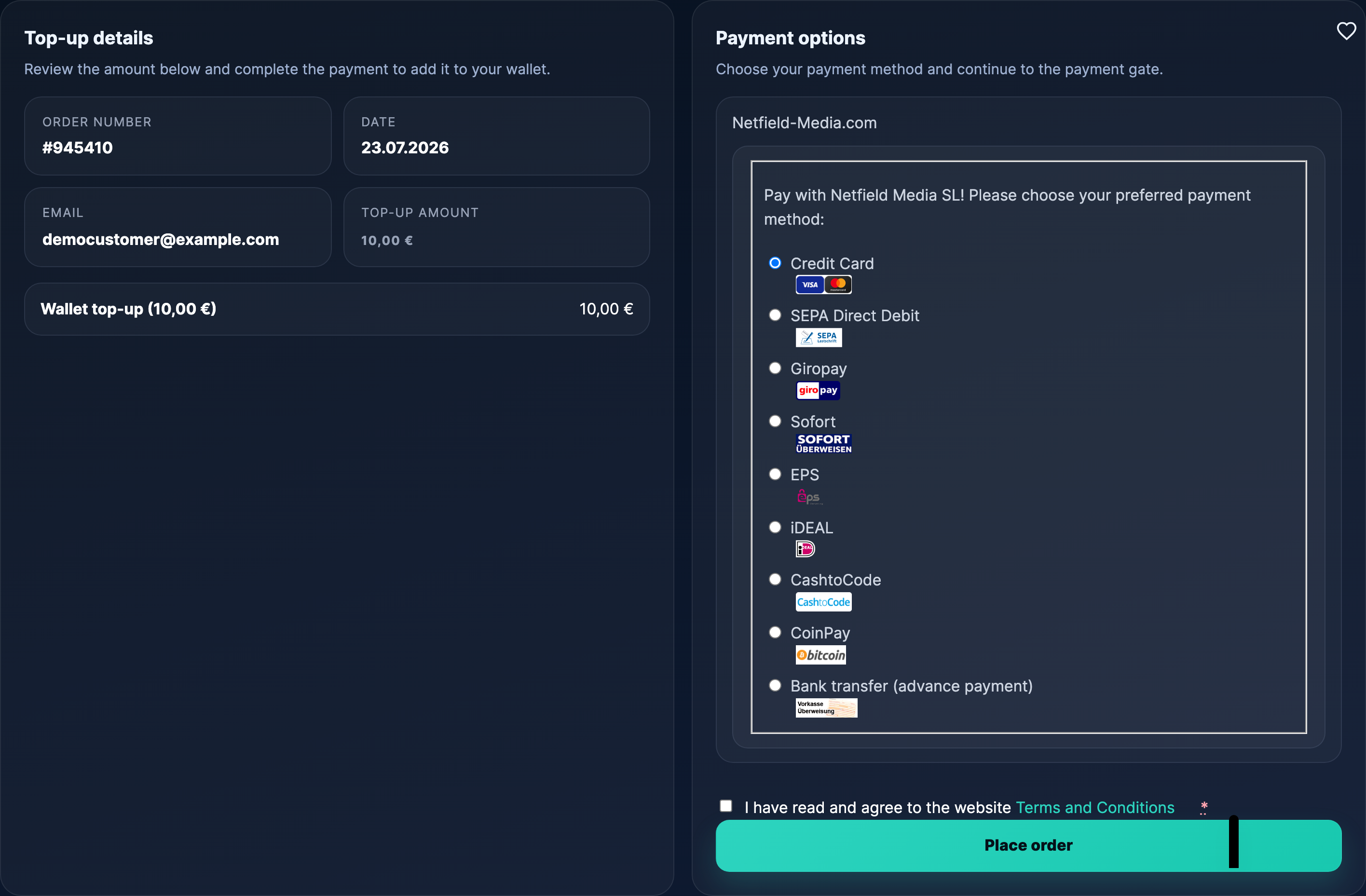 Pick your payment method in the Netfield panel and confirm the terms.