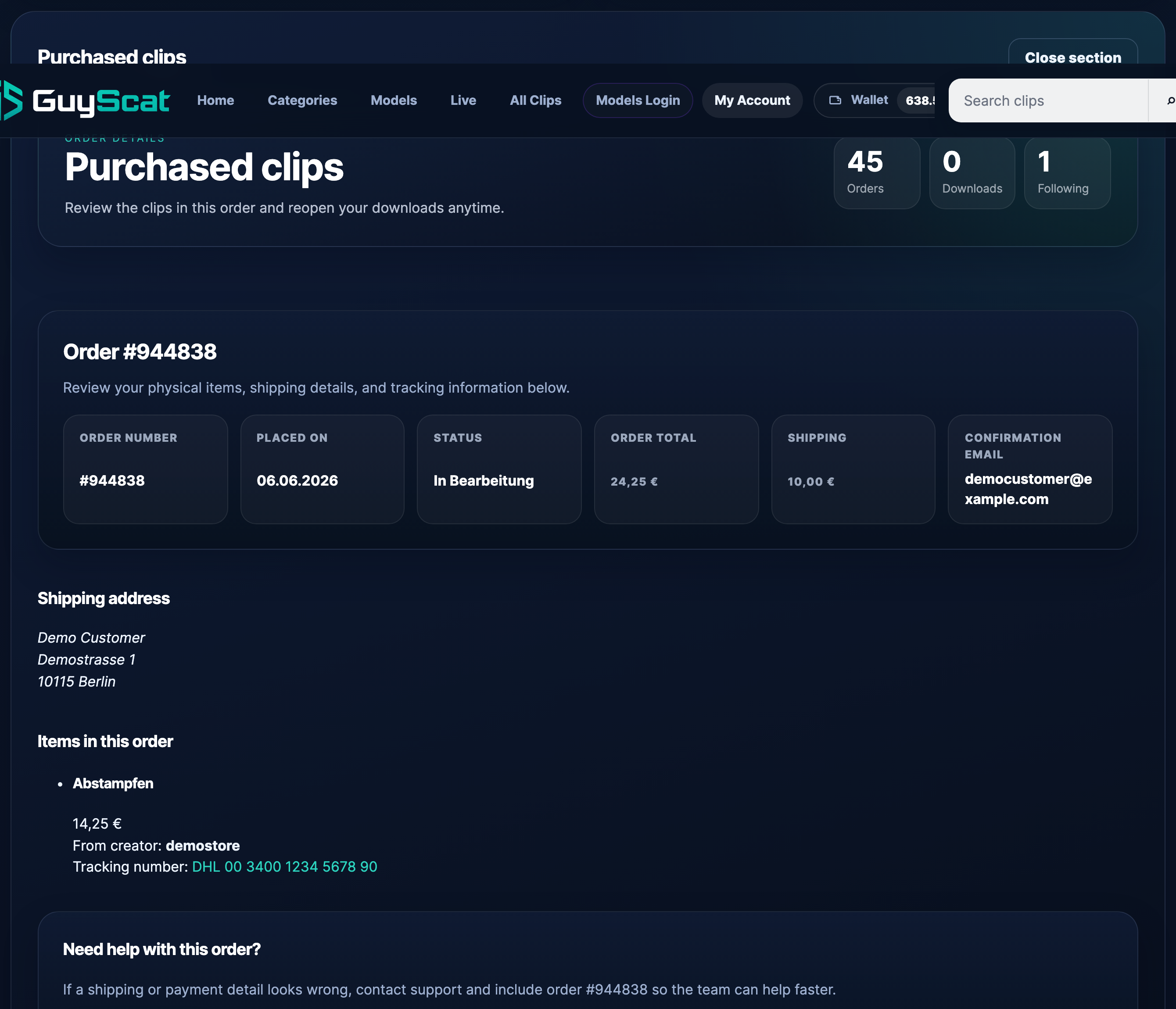 Customer order view showing status and where tracking appears.