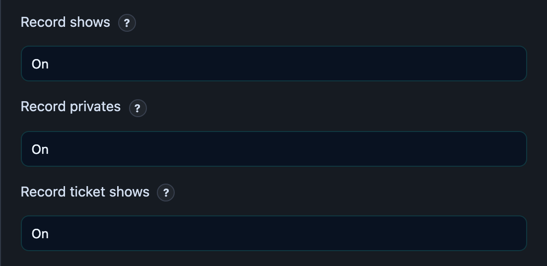 Studio Settings → Pricing showing the three Record toggles.