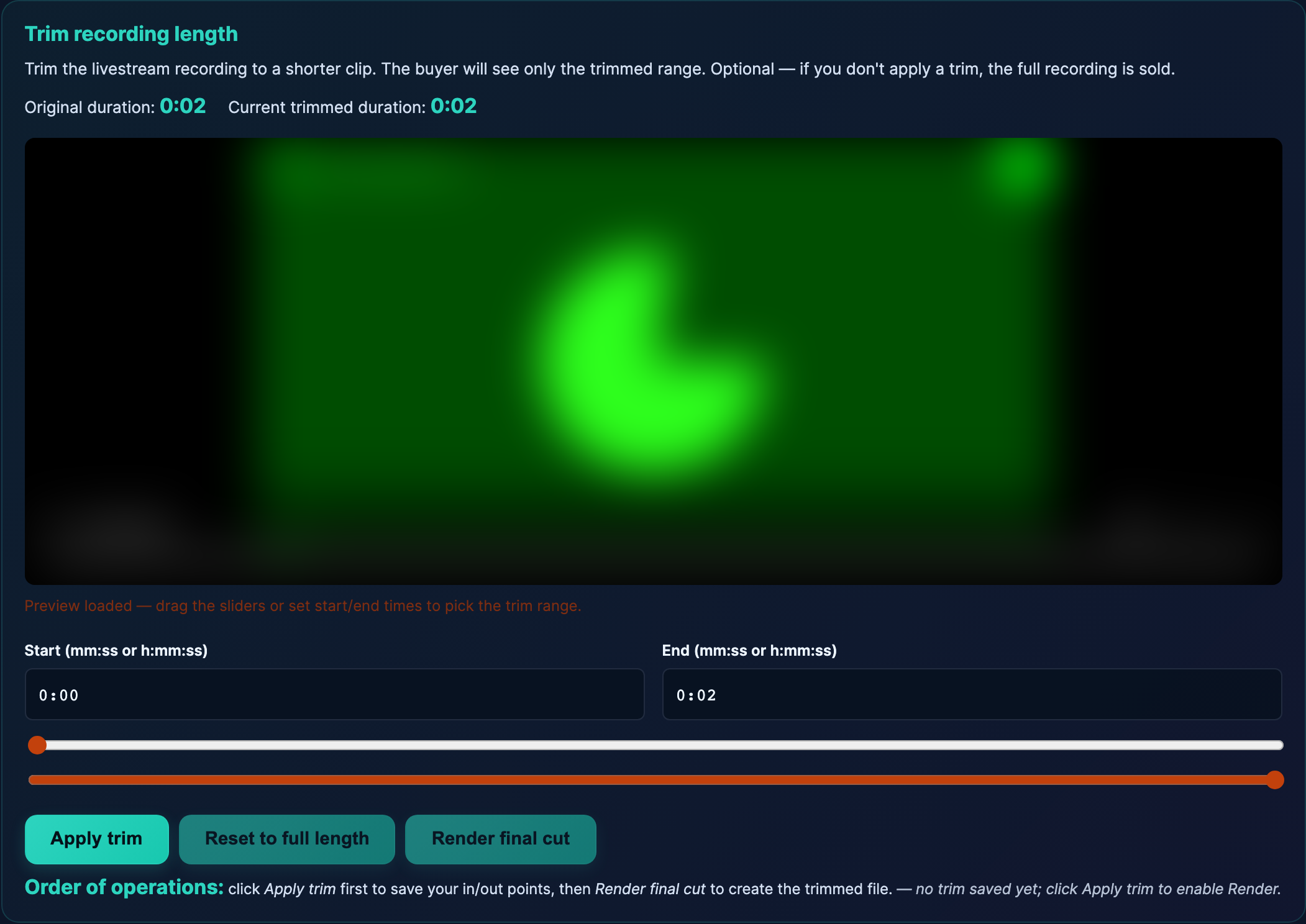 The Trim recording length section — set Start/End, click Apply trim, then Render final cut.