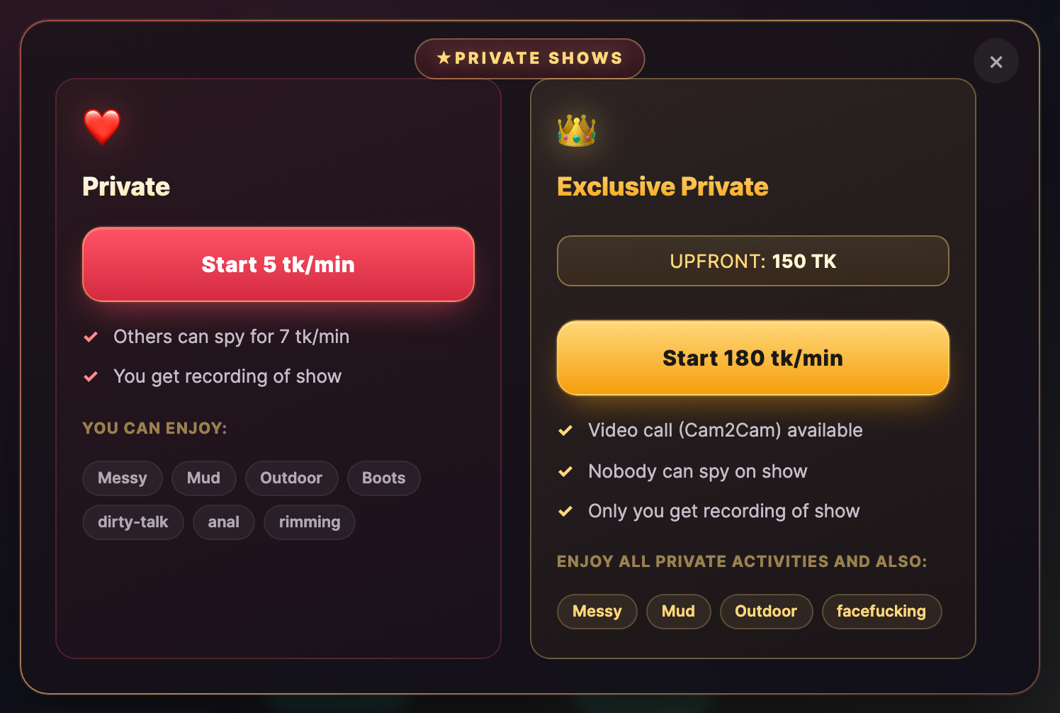 The booking modal: standard Private vs. Exclusive Private with upfront amount and per-minute rate.