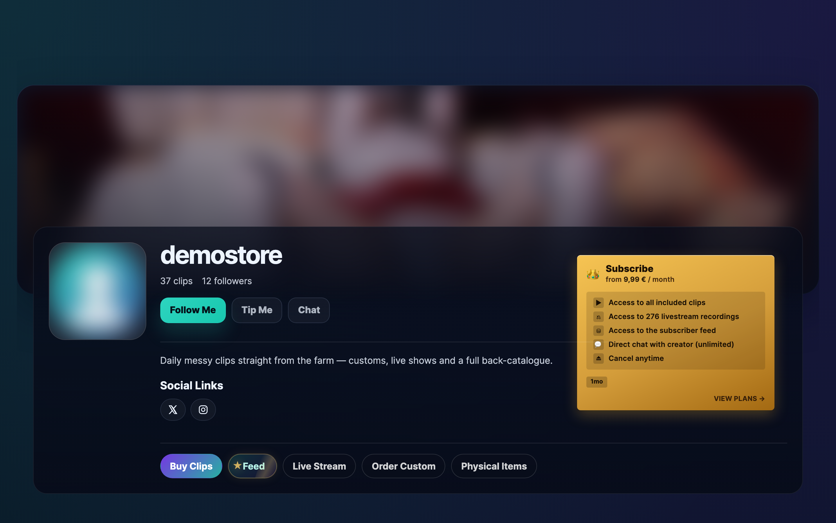 A creator storefront: clips, feed, live streams, custom orders and subscriptions in one place.