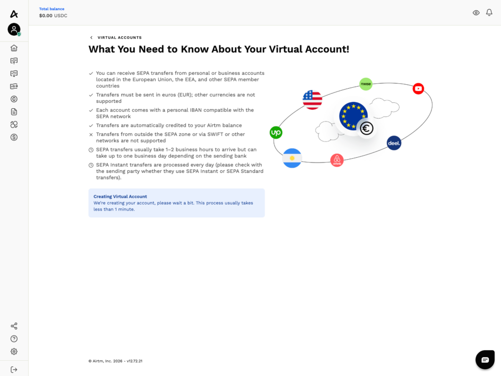 What Airtm tells you before it creates the account: euros only, SEPA only, credited automatically.