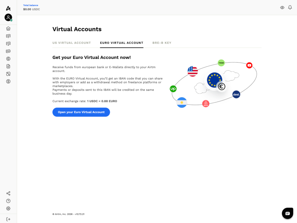 The Euro Virtual Account tab in Airtm, with the button that opens the account.