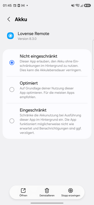 Battery setting for Lovense Remote set to Unrestricted