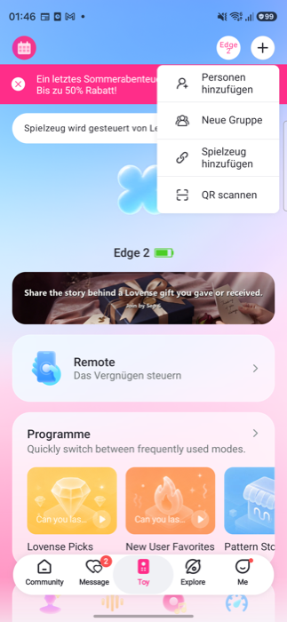 Menu behind the plus button with the Scan QR entry