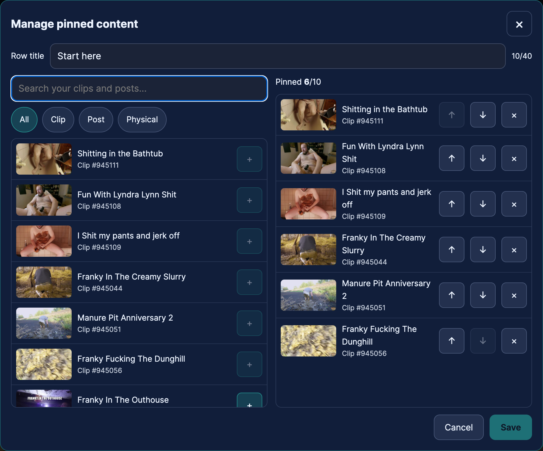 The picker: your content on the left, your pinned row on the right, ten slots at most.