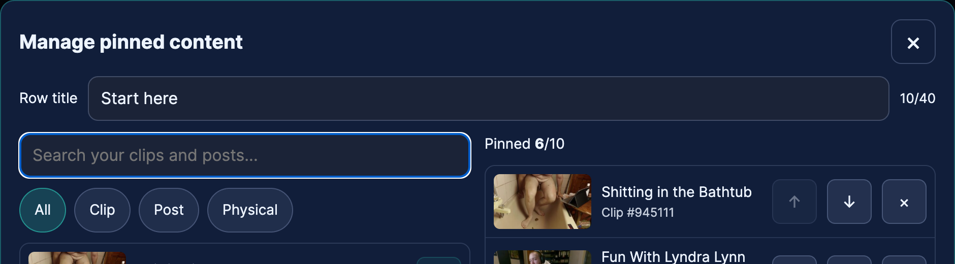 Row title replaces the default heading; leave it empty and it says Pinned.