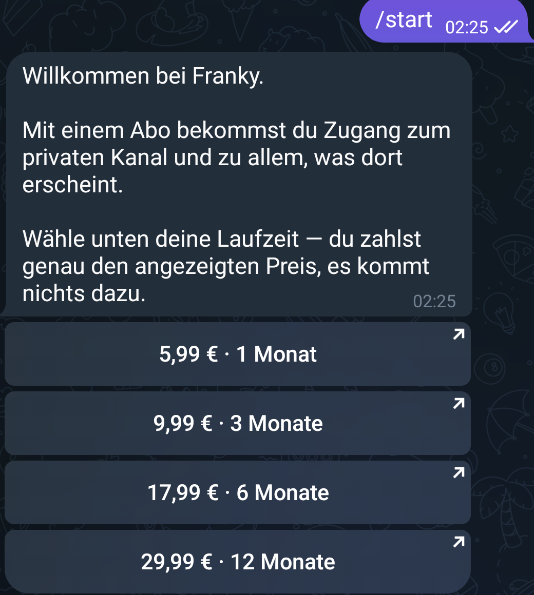 The bot's opening message with a short explanation and one button per subscription length.