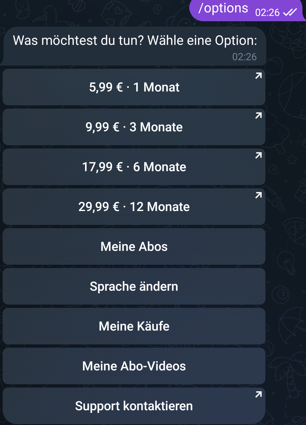 The options menu with subscription prices at the top and My subscriptions, Change language, My purchases, My subscription videos and Contact support below.