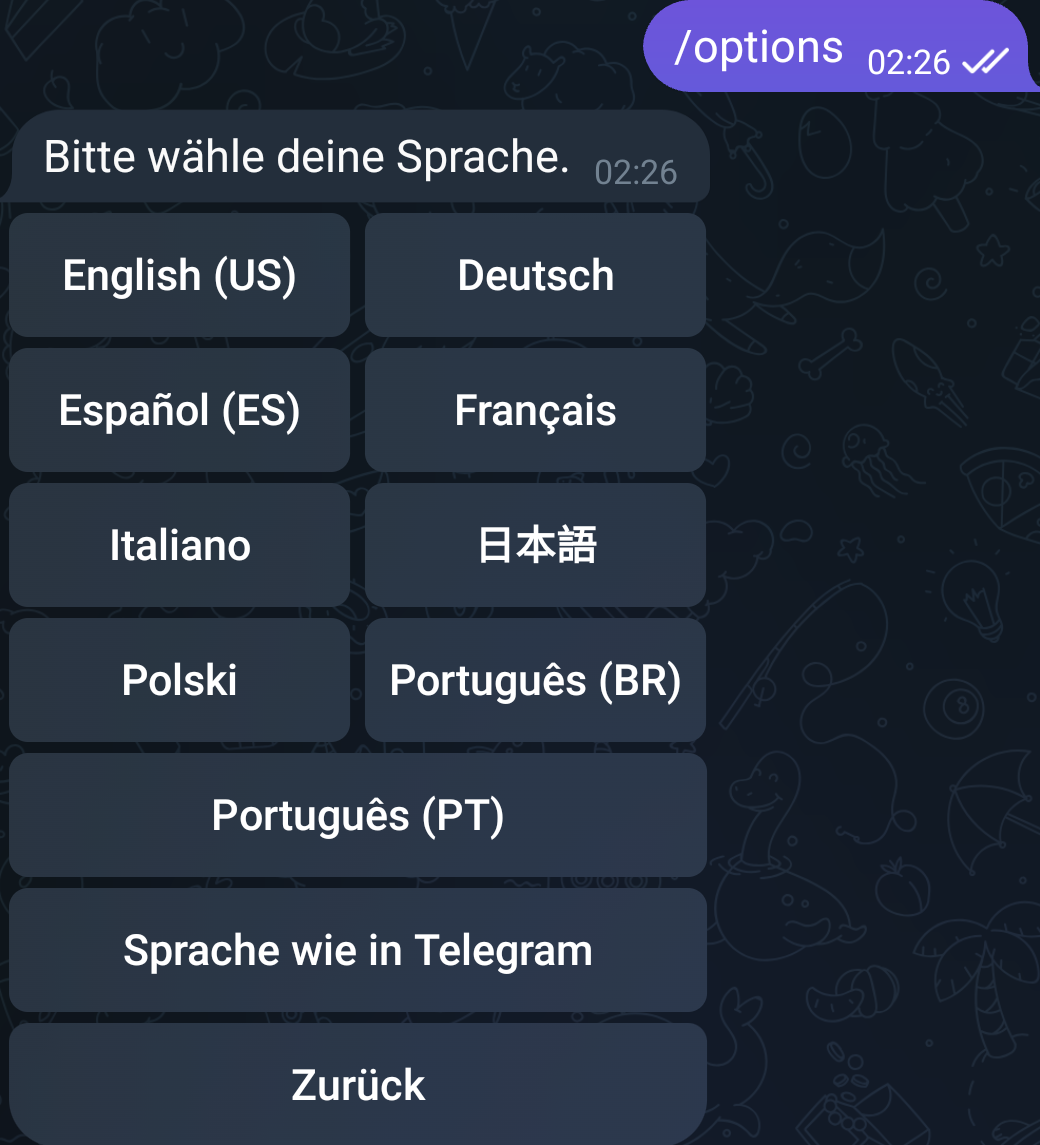 The language menu with eight languages, a tick on the one in use, and a button to follow the Telegram app language.