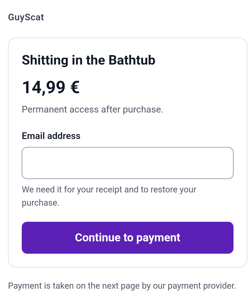 The purchase page opened from a channel button, showing title, price, access duration and an email field.