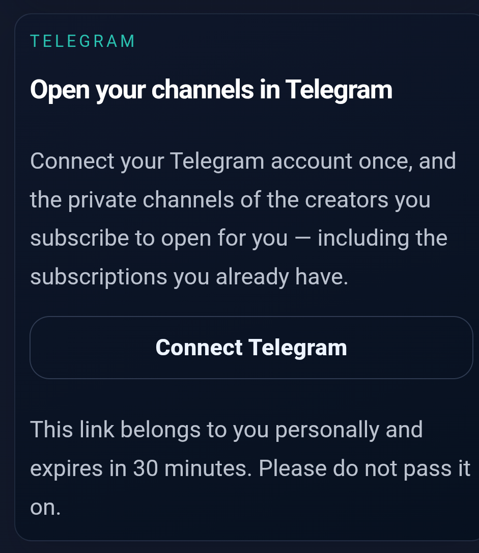 The Telegram card on the account page with the Connect Telegram button and the note about the personal link.