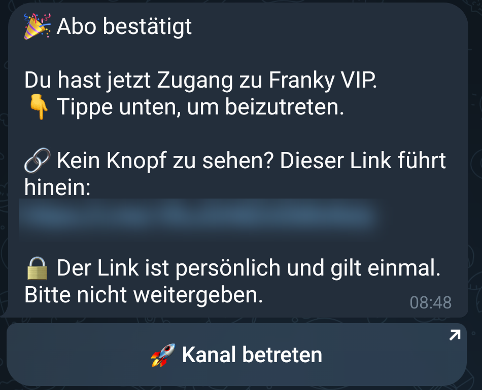 The subscription confirmation in the bot with the channel name and the button that opens the channel.