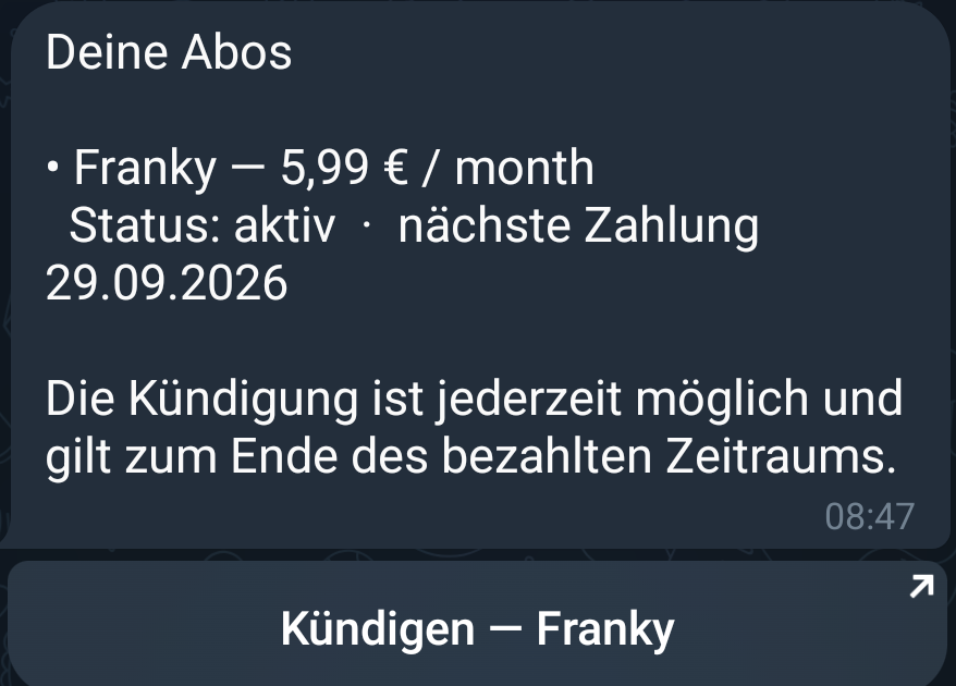 The subscription list in the bot showing status and next payment date with a cancel button.