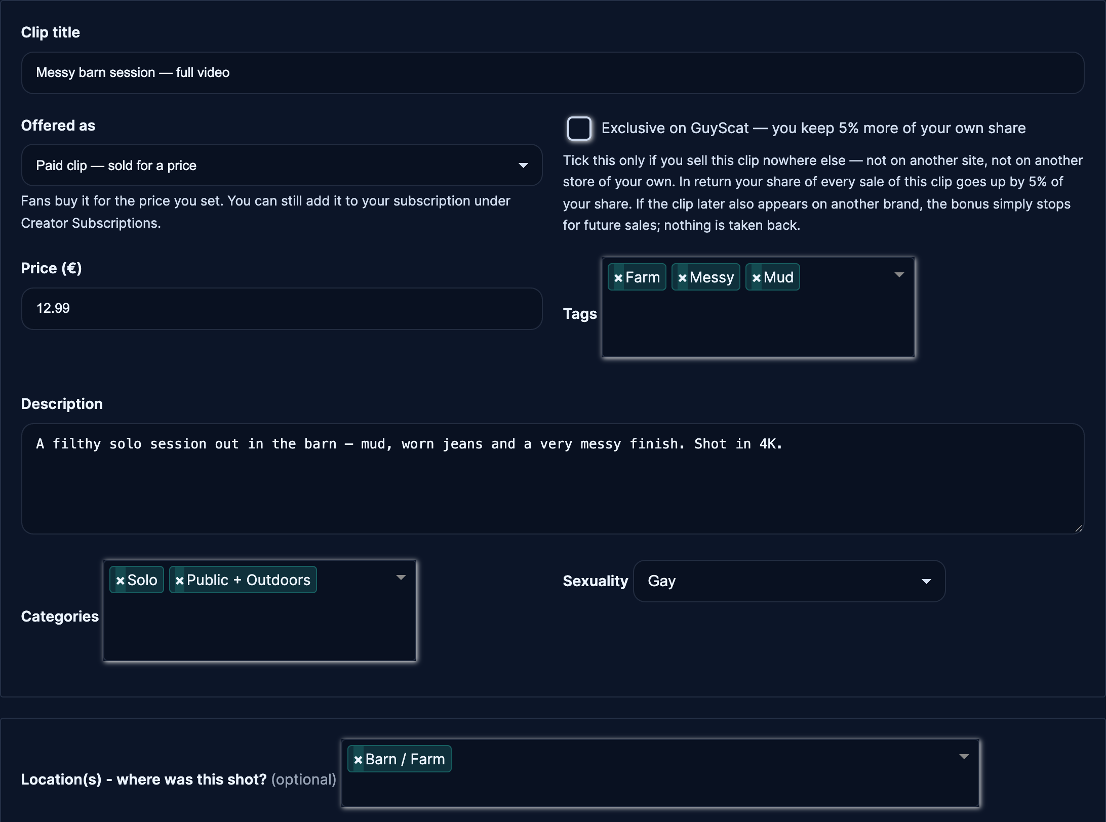 The clip details filled in: title, Offered as, price, tags, description, categories and location