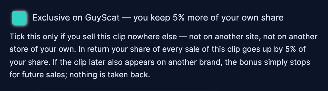 The ticked checkbox Exclusive on GuyScat — you keep 5% more of your own share, with its explanation