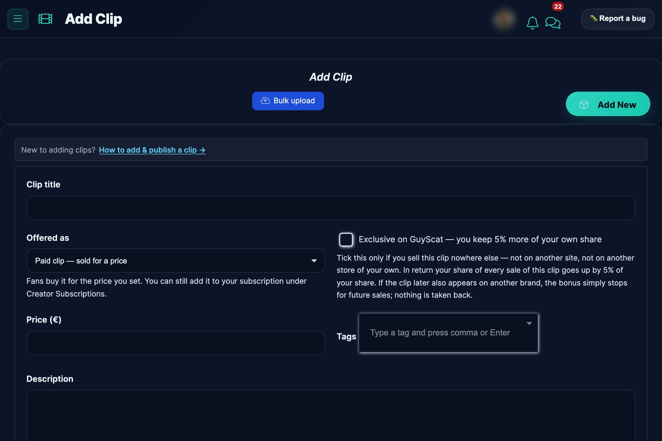 The top of the empty Add Clip form with Clip title, Offered as, the Exclusive checkbox, Price and Tags