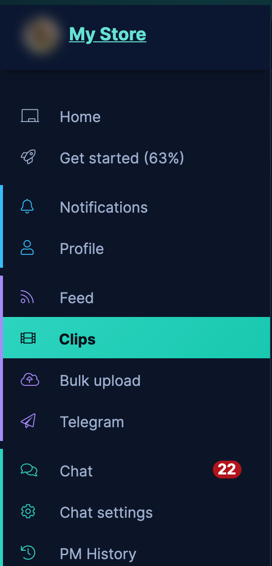 The Store Manager menu with the Clips item highlighted