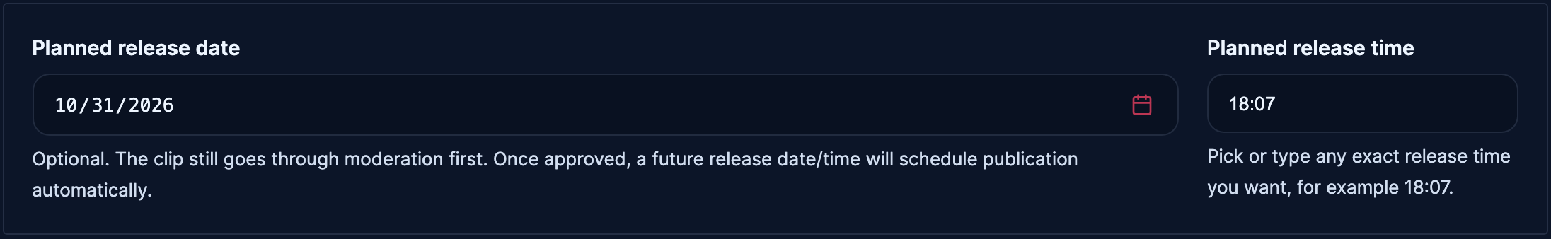 The Planned release date and Planned release time fields filled in