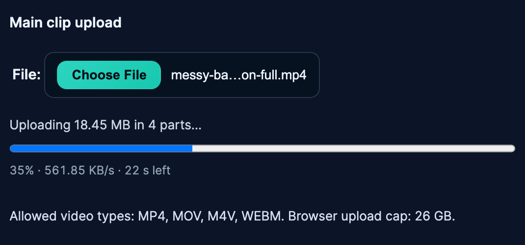 The Main clip upload box with the progress bar partway through