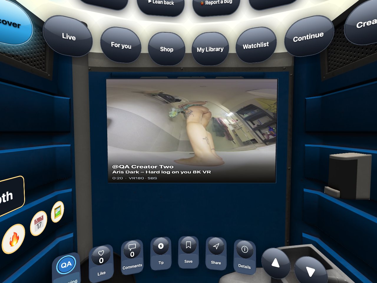 The VR hub room: the screen in the middle, the tabs above, the action bar below.