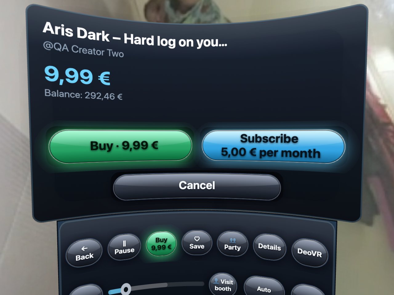 The buy dialog in the dome: price, balance, Buy.