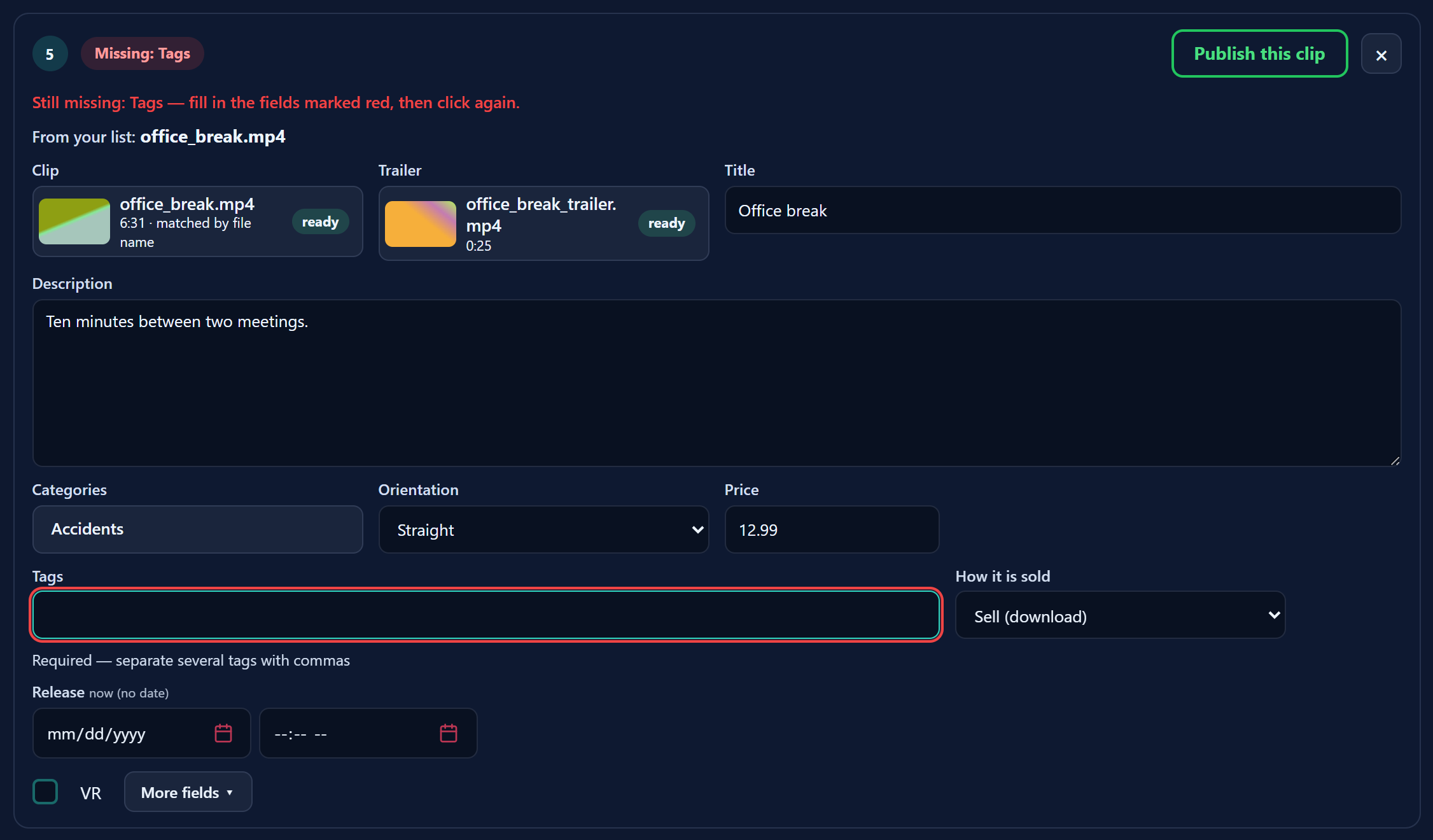 A row after pressing its button with fields missing: the tags field is framed in red and a red line says what is still missing.