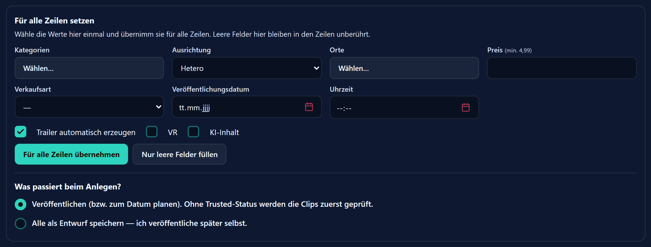Der Kasten „Für alle Zeilen setzen“ mit Kategorien, Ausrichtung, Orten, Preis, Verkaufsart, Veröffentlichungsdatum und Uhrzeit sowie der Frage, was beim Anlegen passiert.