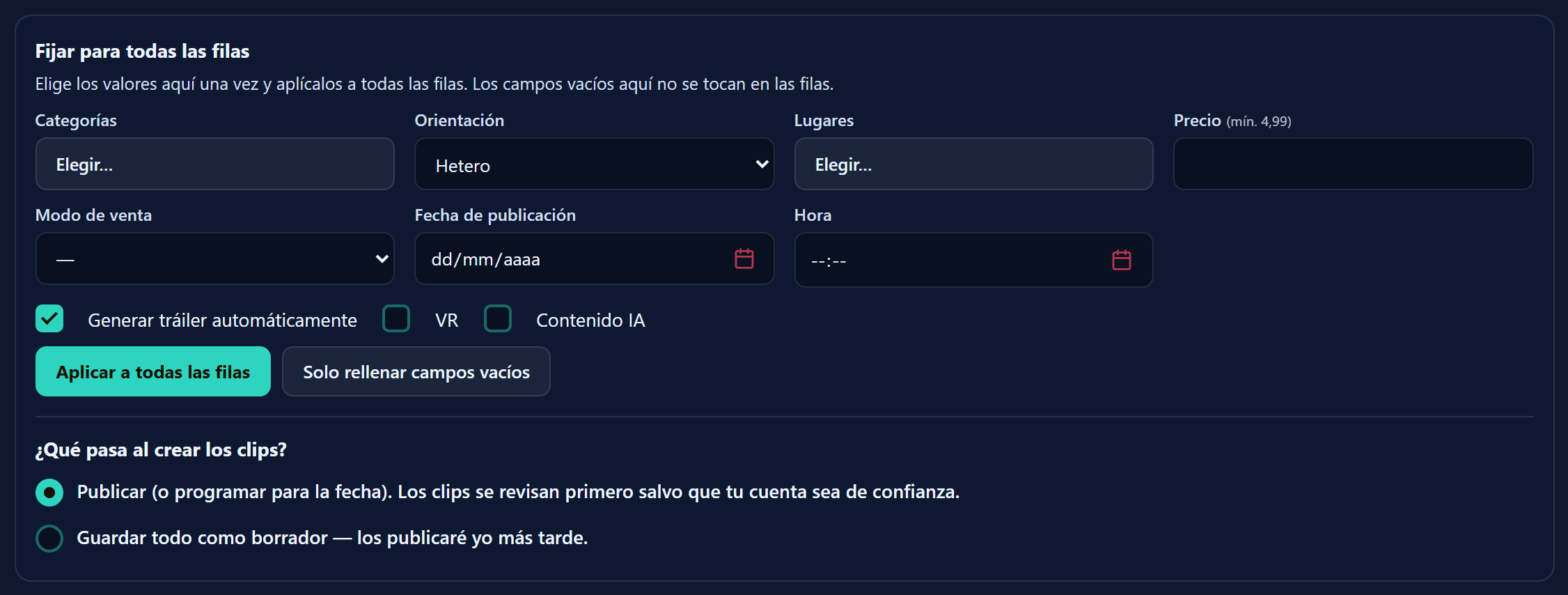 El cuadro «Fijar para todas las filas» con categorías, orientación, lugares, precio, modo de venta, fecha y hora de publicación, y la pregunta de qué pasa al crear los clips.
