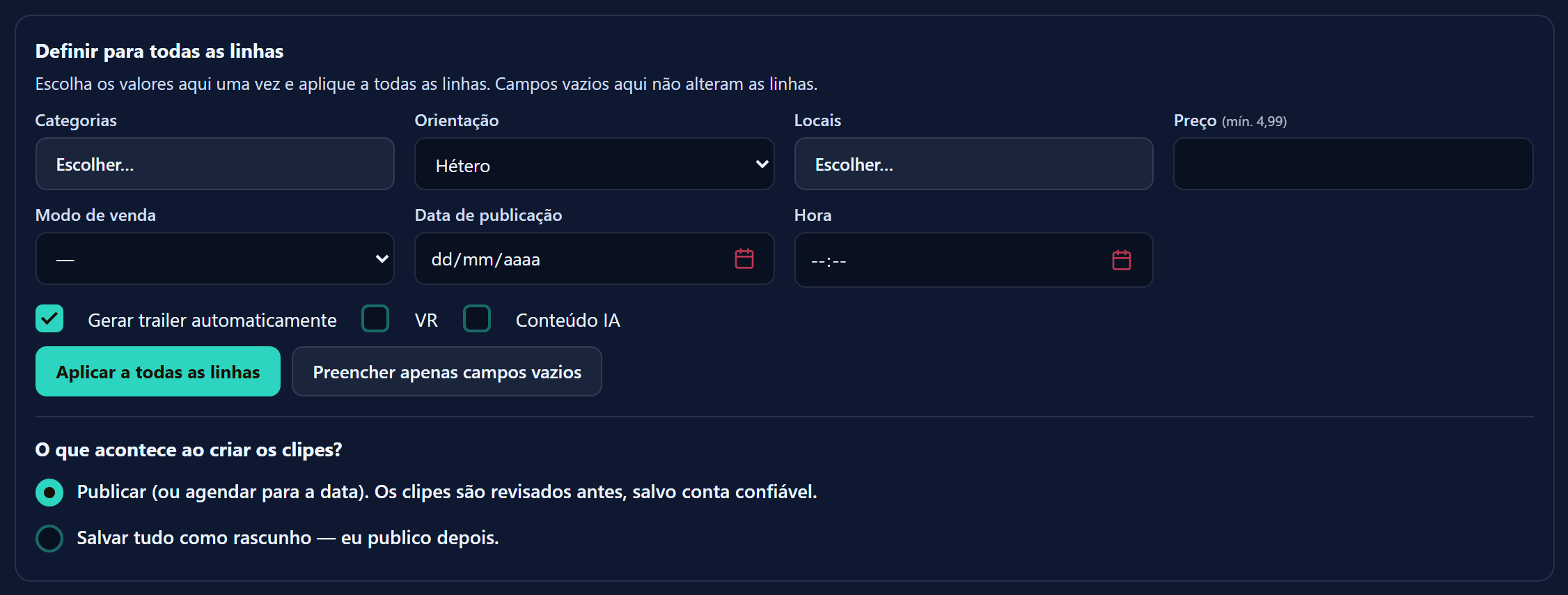 A caixa “Definir para todas as linhas” com categorias, orientação, locais, preço, modo de venda, data e hora de publicação, e a pergunta sobre o que acontece ao criar os clipes.