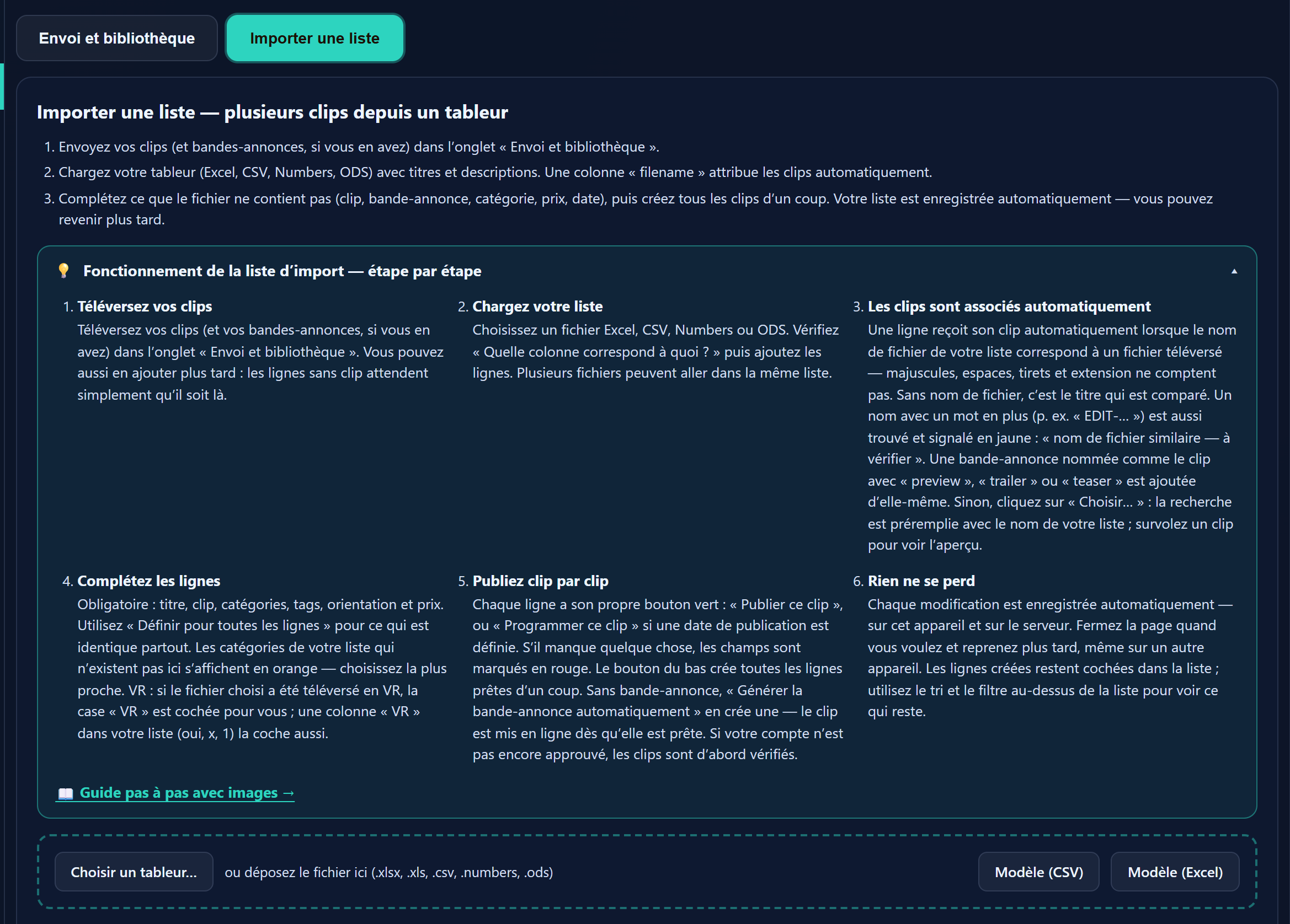 L’onglet « Importer une liste » avec l’encadré d’aide ouvert et le bouton « Choisir un tableur… ».
