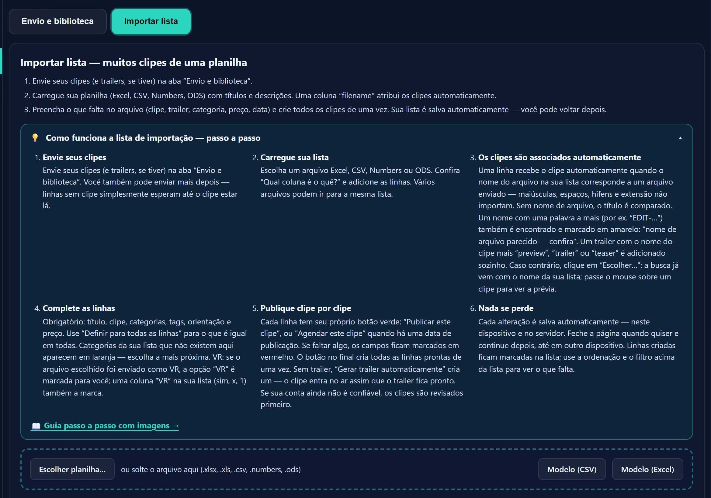 A aba “Importar lista” com a caixa de ajuda aberta e o botão “Escolher planilha…”.