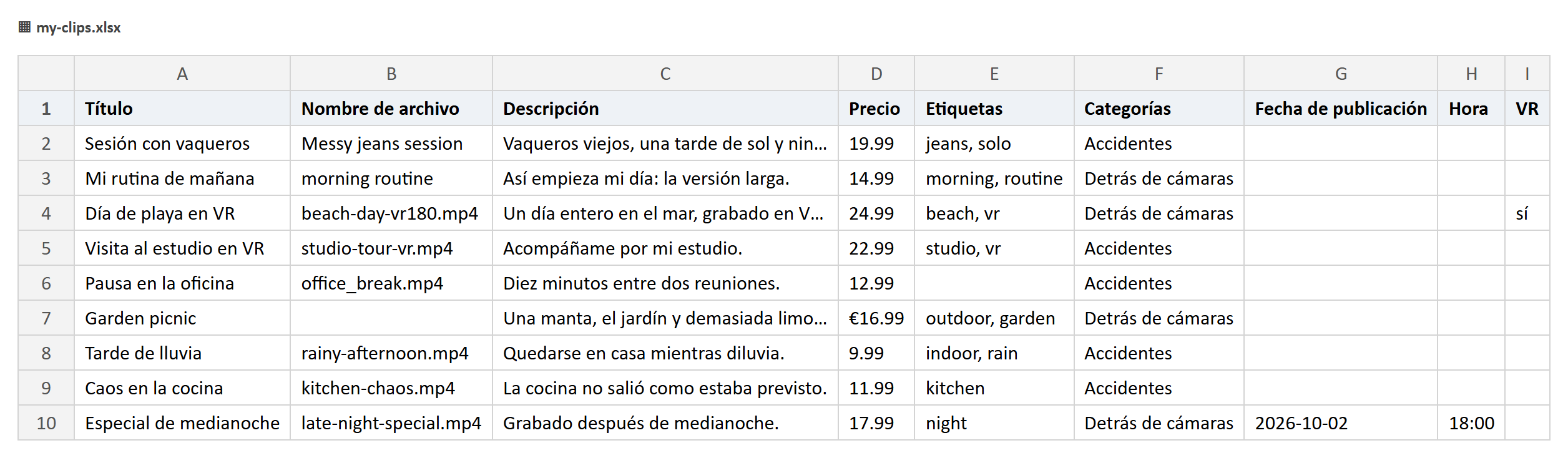Una hoja de ejemplo con las columnas título, nombre de archivo, descripción, precio, etiquetas, categoría, fecha de publicación, hora y VR.