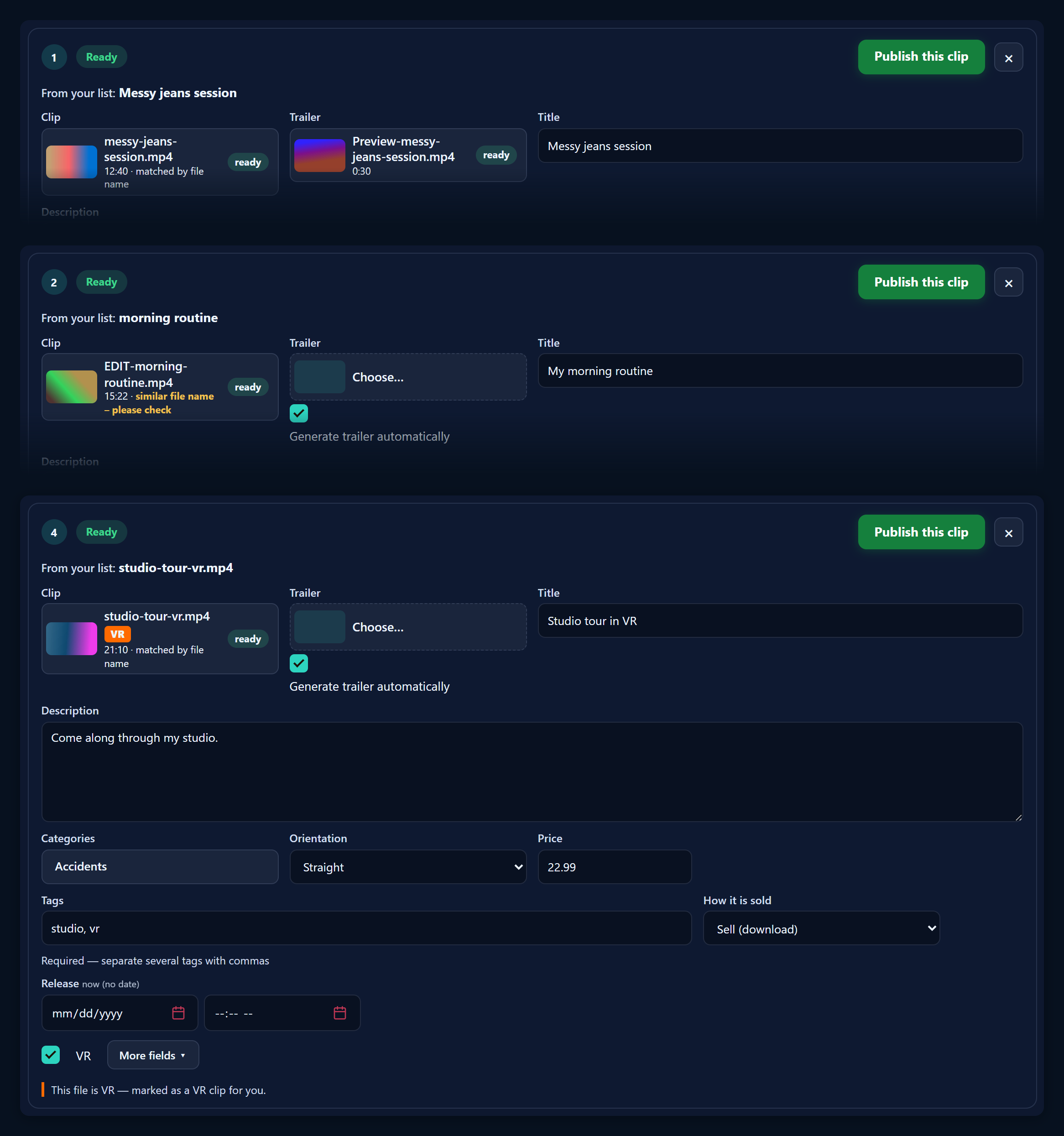 Three rows after loading: a clip and its trailer found by the same name, a clip found by a similar file name with a yellow note, and a VR clip with the VR tick set automatically.