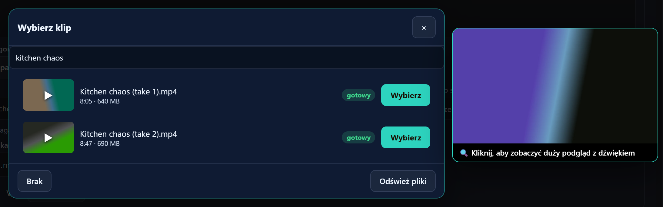 Wybór klipu z wyszukiwaniem wypełnionym z listy i większym oknem podglądu obok.