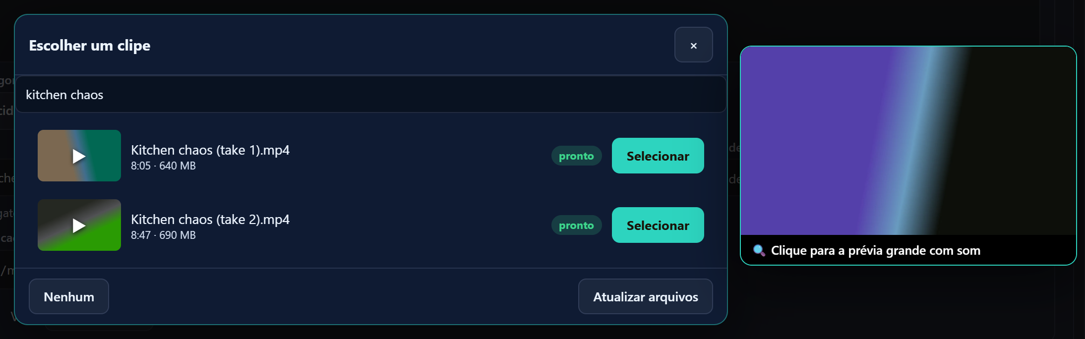 O seletor de clipes com a busca preenchida a partir da lista e uma janela de prévia maior ao lado.