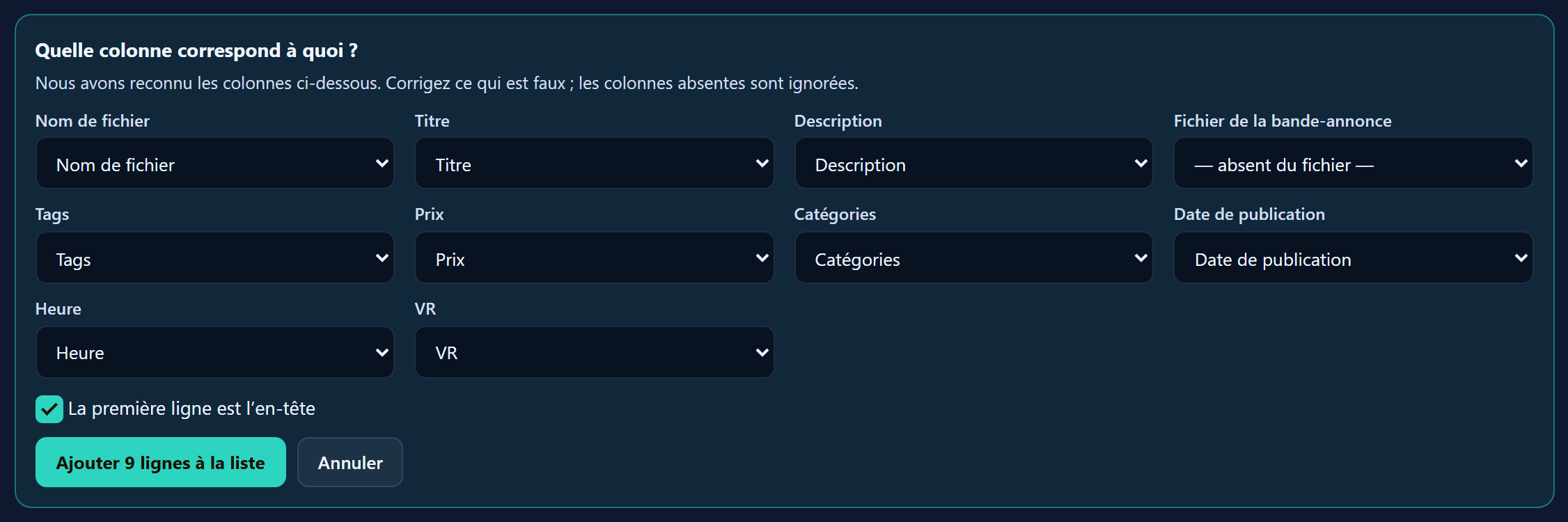 L’encadré « Quelle colonne correspond à quoi ? » avec une liste déroulante pour chaque champ : nom de fichier, titre, description, bande-annonce, tags, prix, catégories, date et heure de publication, et VR.